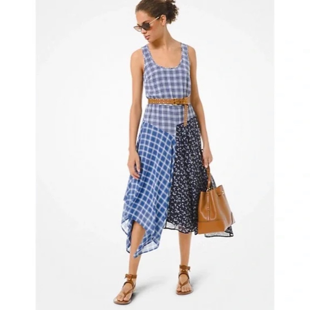 MICHAEL Michael Kors XXL Blue Asymmetrical Plaid Georgette Dress - Picture 8 of 8